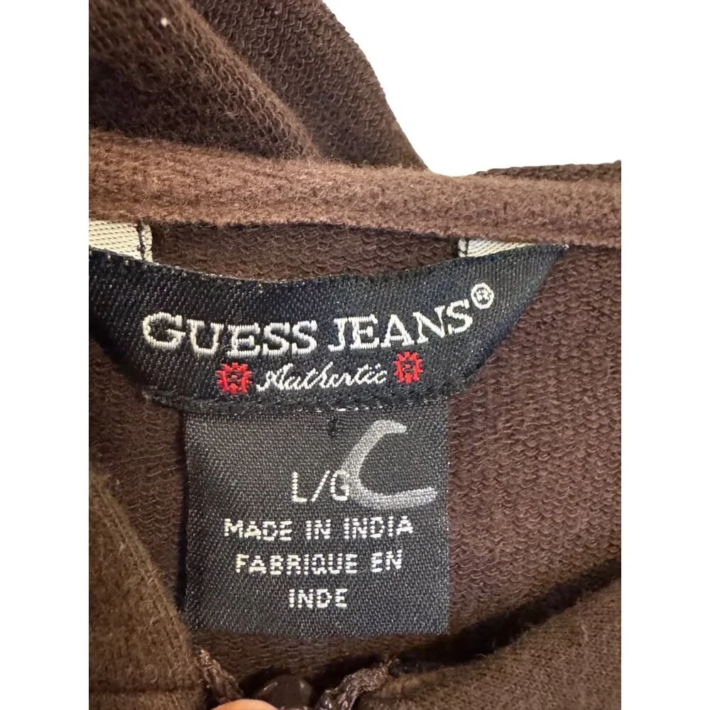 Vintage Guess Jeans Womens Brown Cropped Hoodie Rhinestone Detail Size L